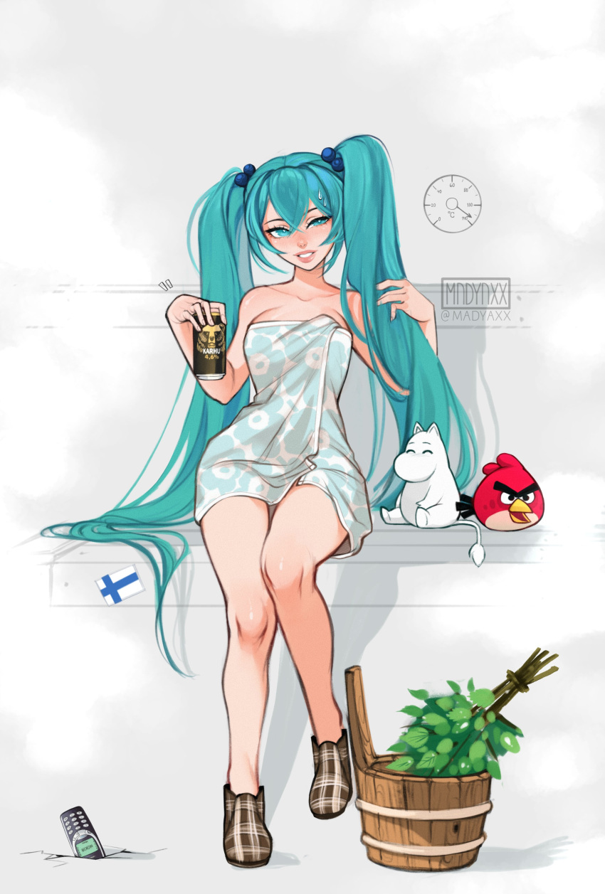 absurdres angry_birds aqua_eyes aqua_hair bucket female finnish_flag hatsune_miku highres long_hair looking_at_viewer madyaxx moomin naked_towel nokia red_(angry_birds) sauna sitting smile solo towel twintails very_long_hair vihta vocaloid wooden_bucket