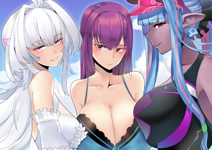 3girls absurdres ahoge bare_shoulders bikini black_bikini black_one-piece_swimsuit blue_hair blue_sky blush body_markings breast_press breasts cleavage collarbone colored_skin dark-skinned_female dark_skin day earrings fate/grand_order fate_(series) frilled_bikini frills green_bikini grey_skin hair_between_eyes highres horns ibuki_douji_(fate) ibuki_douji_(swimsuit_berserker)_(fate) ibuki_douji_(swimsuit_berserker)_(first_ascension)_(fate) jewelry kuroeart lady_avalon_(fate) lady_avalon_(second_ascension)_(fate) large_breasts long_hair looking_at_viewer merlin_(fate/prototype) multicolored_hair multiple_girls one-piece_swimsuit oni pink_hair pink_headwear pink_one-piece_swimsuit pointy_ears ponytail purple_eyes purple_hair red_eyes scathach_(fate) scathach_skadi_(fate) scathach_skadi_(swimsuit_ruler)_(fate) scathach_skadi_(swimsuit_ruler)_(final_ascension)_(fate) sidelocks sky smile swimsuit tail two-tone_bikini two-tone_swimsuit very_long_hair visor_cap white_bikini white_hair