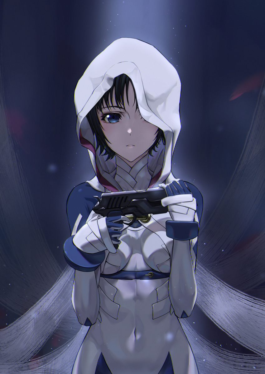 absurdres bad_id bad_pixiv_id black_hair blue_eyes bodysuit breasts breasts_apart covered_navel female gun handgun highres holding holding_gun holding_weapon hood hood_up looking_at_viewer mardock_scramble parted_lips rune_balot short_hair small_breasts solo standing tooku0 weapon white_bodysuit