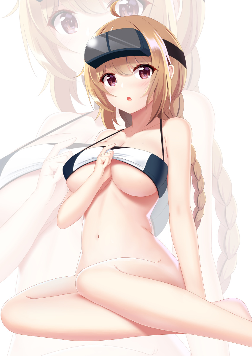 absurdres bottomless breasts brown_eyes brown_hair chinese_commentary cleavage commentary female goggles goggles_on_head highres large_breasts prinz_eugen1938 solo surcouf_(warship_girls_r) swimsuit warship_girls_r zoom_layer