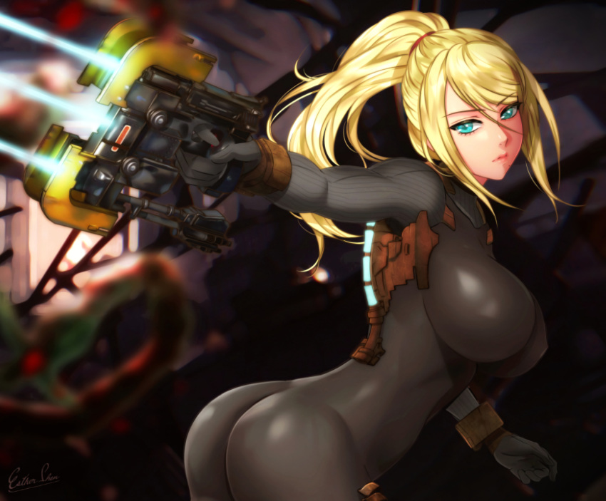 aqua_eyes ass blonde_hair bodysuit breasts dead_space esther gun long_hair metroid ponytail samus_aran signed skintight waifu2x weapon