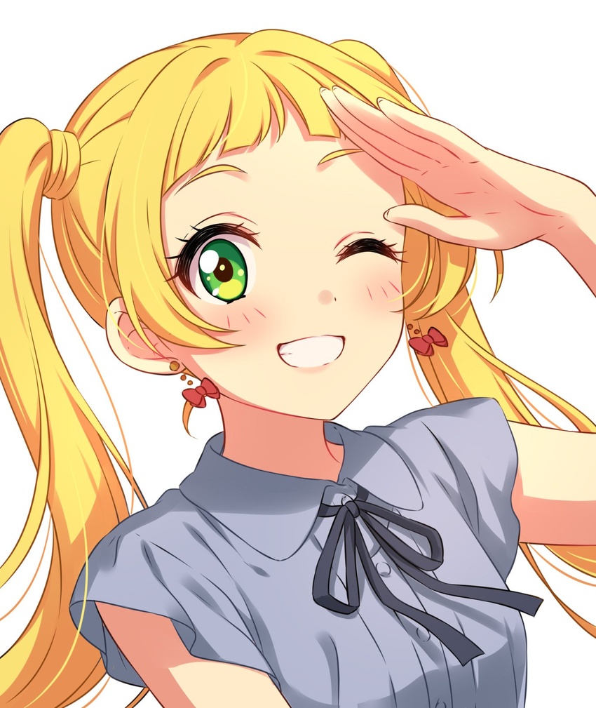 :d aikatsu!_(series) aikatsu_friends! black_ribbon blonde_hair bow bow_earrings collared_shirt dot_nose earrings female green_eyes grey_shirt hand_up highres hinata_ema_(aikatsu_friends!) jewelry long_hair looking_at_viewer neck_ribbon one_eye_closed open_mouth red_bow ribbon salute sekina shirt short_sleeves simple_background smile solo twintails upper_body white_background wing_collar