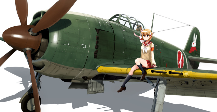 aircraft airplane animal_on_shoulder black_footwear black_socks blouse blurry blurry_background bright_pupils closed_mouth commentary depth_of_field female foreshortening hagoromo_maki highres kabosu_(shidenkai_no_maki) kk90 leg_up light_brown_hair loafers long_sleeves looking_at_viewer military military_vehicle miniskirt n1k neckerchief pleated_skirt rabbit red_eyes red_skirt roundel school_uniform serafuku shadow shidenkai_no_maki shirt shoes short_hair simple_background sitting skirt smile socks solo vehicle_focus white_background white_neckerchief white_pupils white_shirt