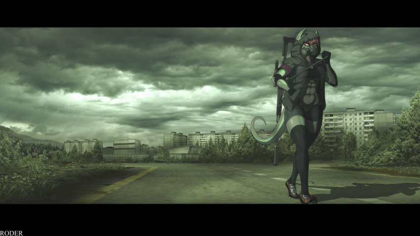 16:9 abs anthro black_bars bottomwear breasts building chernobyl clothing coat dragunov evening female gas_mask gloves grass grey_sky handwear house legwear letterbox mask plant pripyat road roder s.t.a.l.k.e.r. scalie shorts sky solo stalker stockings svd topwear tree ukraine widescreen