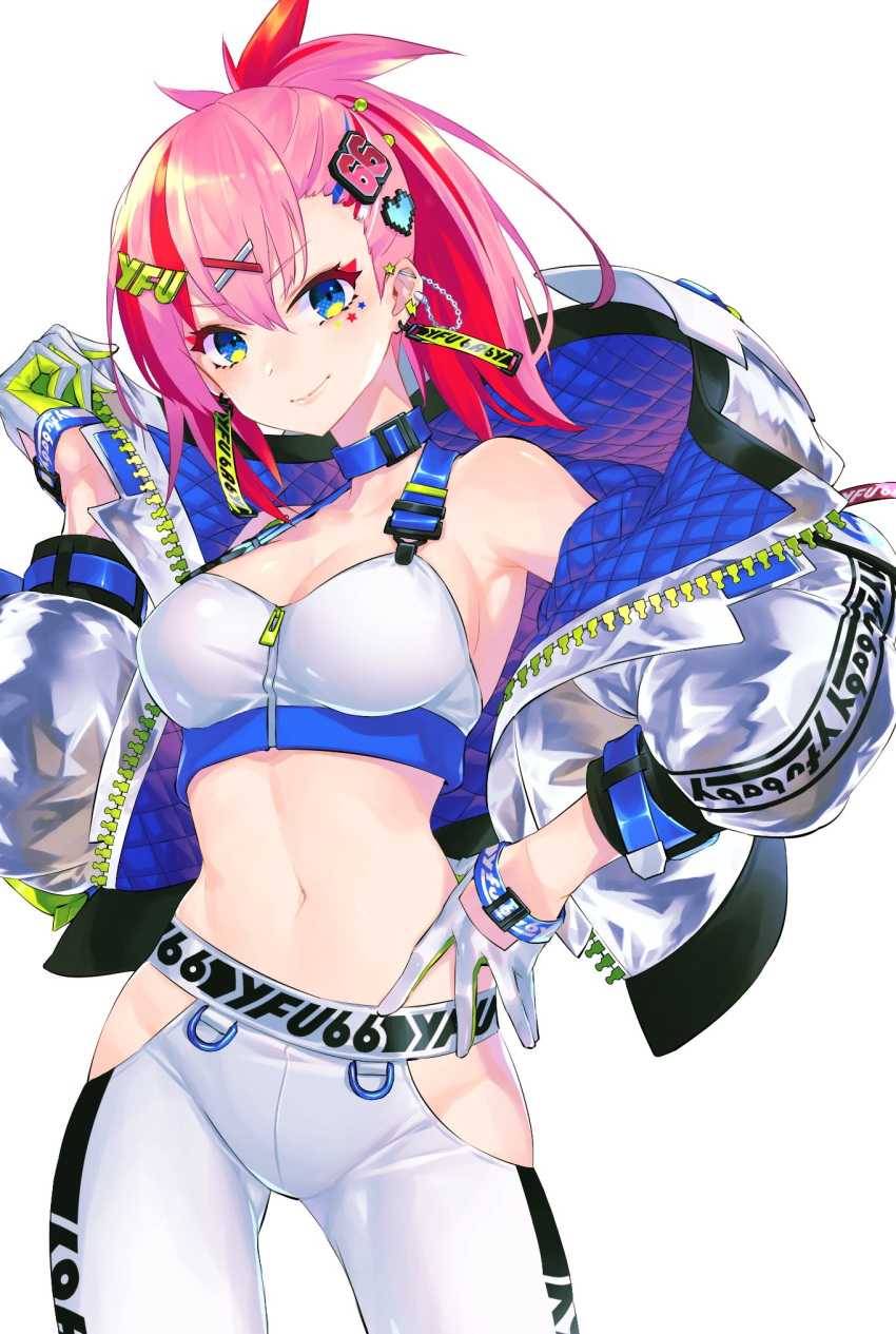 armpits bare_shoulders blue_choker blue_eyes breasts choker cleavage cowboy_shot crop_top ear_piercing earrings eyeshadow female gloves groin hair_ornament hairclip halterneck hand_up highres hip_vent indie_virtual_youtuber jacket jewelry long_hair long_sleeves looking_at_viewer makeup medium_breasts midriff monq multicolored_hair navel off_shoulder open_clothes open_jacket pants piercing pink_hair ponytail shirt shoes simple_background sleeveless sleeveless_shirt smile solo stomach two-tone_hair v-shaped_eyebrows virtual_youtuber white_background white_gloves white_jacket white_pants white_shirt x_hair_ornament yfu