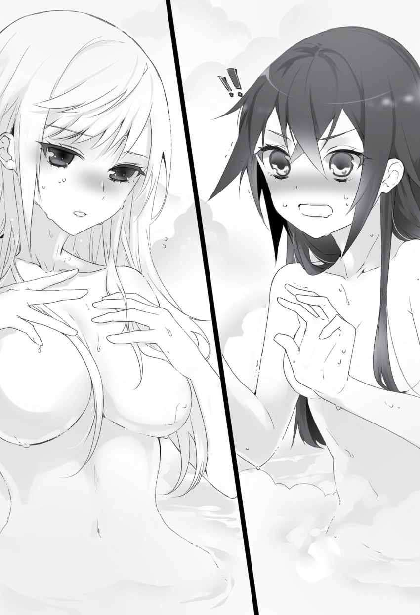 ! 2girls akatsuki_nagisa breast_envy breasts collarbone convenient_censoring greyscale hair_between_eyes hair_censor hair_over_breasts highres kuraki_shirona large_breasts long_hair looking_down manyako_(mohumohu) monochrome multiple_girls navel non-web_source novel_illustration official_art open_mouth partially_submerged photoshop_(medium) small_breasts split_screen strike_the_blood upper_body very_long_hair