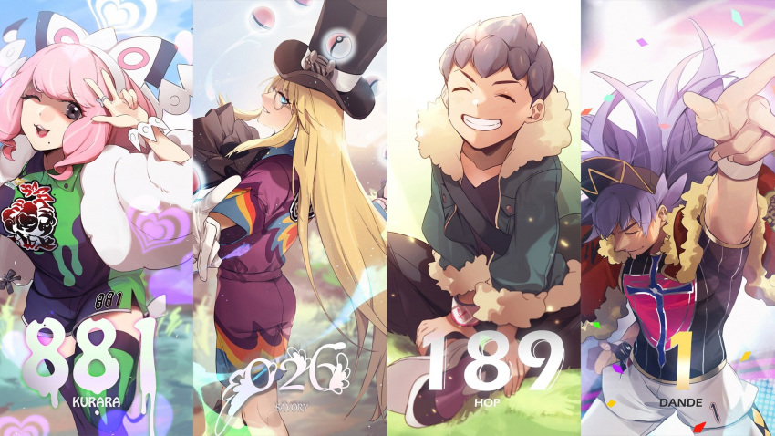 3boys arm_up ascot asymmetrical_legwear avery_(pokemon) bag baseball_cap black_ascot black_headwear black_pants black_shirt blonde_hair blue_eyes blue_jacket bracelet cape champion_uniform character_name charizard_pose clenched_teeth closed_eyes closed_mouth collared_shirt commentary_request dark-skinned_male dark_skin duffel_bag eyeshadow facial_hair female fur-trimmed_cape fur-trimmed_jacket fur_jacket fur_trim glasses green_bag hat heart highres hop_(pokemon) jacket jewelry klara_(pokemon) leon_(pokemon) long_hair makeup mismatched_legwear mole mole_under_mouth multiple_boys no-kan open_mouth pants pink_eyeshadow pink_hair poke_ball poke_ball_(basic) pokemon pokemon_swsh protected_link purple_hair red_cape ring round_eyewear shirt shoes short_hair short_shorts short_sleeves shorts smile teeth thighhighs tongue top_hat w white_jacket white_shorts