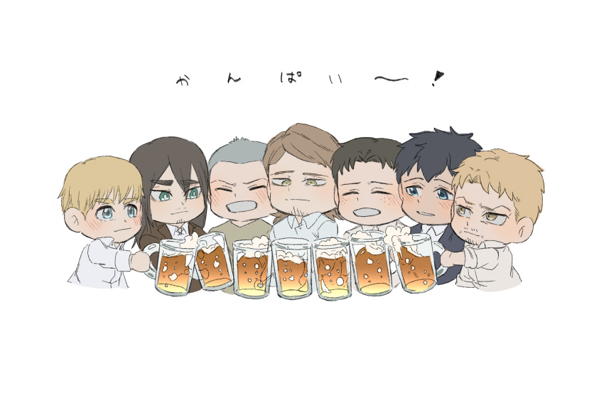 6+boys aged_up armin_arlert beer_mug bertolt_hoover blonde_hair blush buzz_cut chibi connie_springer cropped_torso cup eren_yeager facial_hair freckles grey_hair highres long_hair male_focus marco_bott mug multiple_boys reiner_braun shingeki_no_kyojin short_hair stubble thick_eyebrows translation_request very_short_hair zunkome