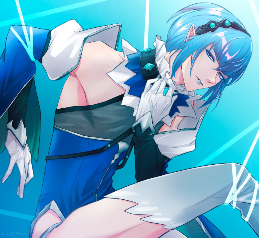 1boy blue_background blue_eyes blue_lips bound fairy_ranmaru:anata_no_kokoro_otasuke_shimasu gloves hairband hand_up highres jewelry looking_at_viewer male_focus pointy_ears reika-poison rope seiren_uruu short_hair solo thighhighs white_gloves