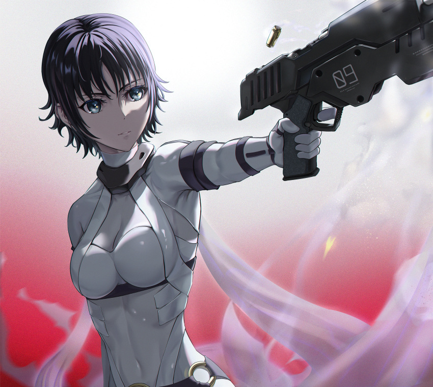 absurdres bad_id bad_pixiv_id black_hair bodysuit breasts bullet cleavage female grey_eyes gun hair_between_eyes highres holding holding_gun holding_weapon mardock_scramble parted_lips rune_balot short_hair small_breasts solo standing tooku0 upper_body weapon white_bodysuit