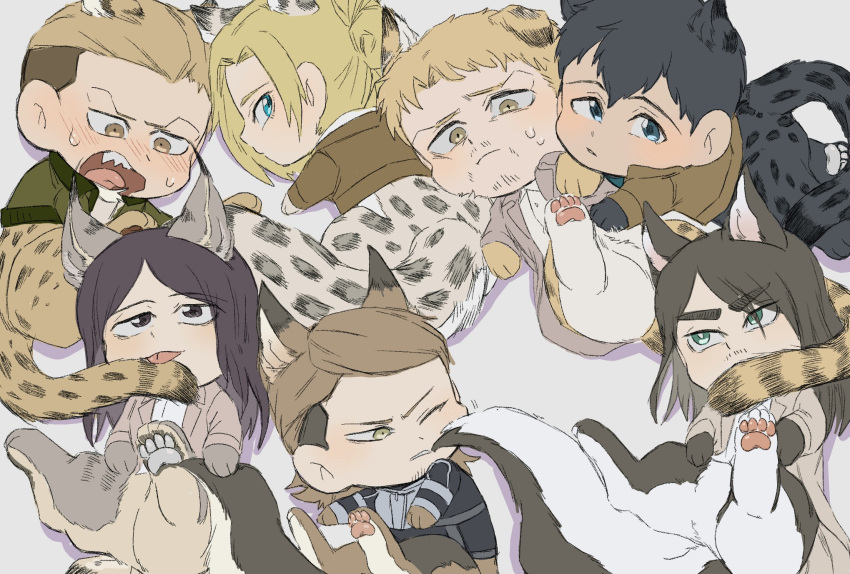 2girls 5boys aged_up animal_ears animal_feet animal_hands annie_leonhart bertolt_hoover blonde_hair blush cheek_bulge cheek_press cheetah_ears cheetah_tail chibi dog_boy dog_ears dog_tail ear_tufts eren_yeager fox_boy fox_ears fox_tail highres jaguar_boy jaguar_ears jaguar_girl jaguar_tail jean_kirstein kemonomimi_mode leopard_ears leopard_tail licking_another's_tail long_hair lying lying_on_person marley_military_uniform multiple_boys multiple_girls on_back pieck_finger porco_galliard reiner_braun shingeki_no_kyojin short_hair sweatdrop tail tail_on_face tiger_boy tiger_ears tiger_tail undercut zunkome