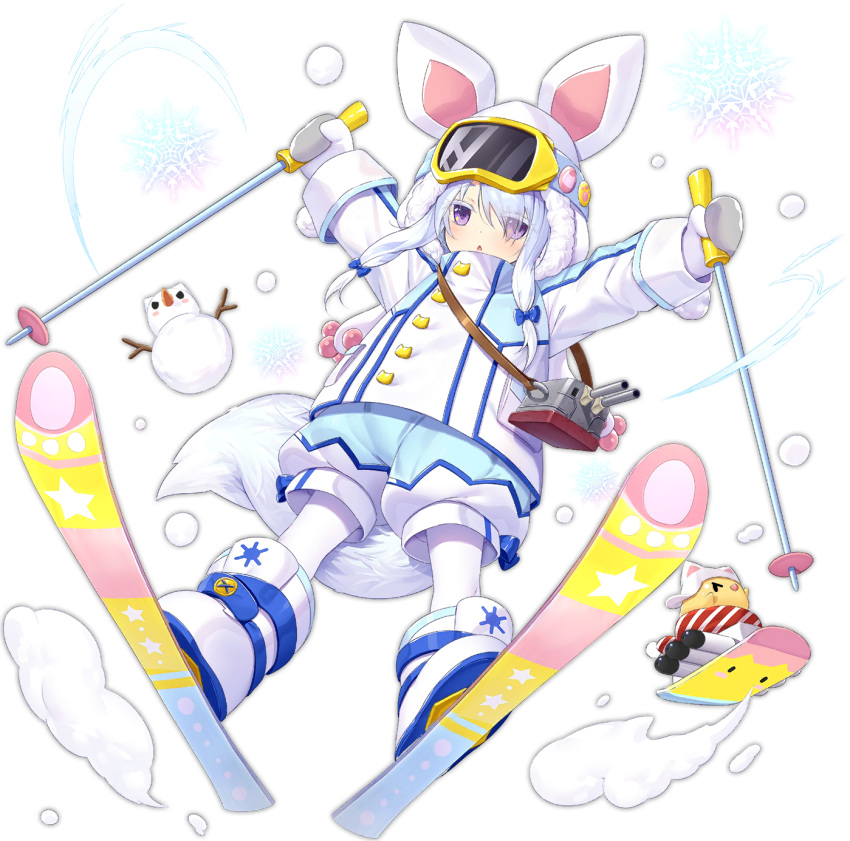 animal_ears arms_up azur_lane bird blue_coat blue_hair blue_shorts boots chick closed_eyes coat female full_body goggles goggles_on_head highres hood long_hair manjuu_(azur_lane) mittens official_alternate_costume official_art pantyhose purple_eyes shorts ski_boots ski_gear ski_goggles ski_pole skiing skis snowflakes solo tail torpedo transparent_background uranami_(azur_lane) uranami_(snow_vanguard)_(azur_lane) white_coat white_footwear white_hood white_mittens white_pantyhose winter_clothes wolf_ears wolf_tail yano_mitsuki_(nanairo)