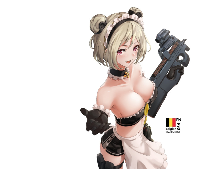 anthro apron blush breasts chaciooh choker cleavage garter girls_frontline gloves gray_hair gun headdress maid p90_(girls_frontline) pink_eyes short_hair shorts weapon white