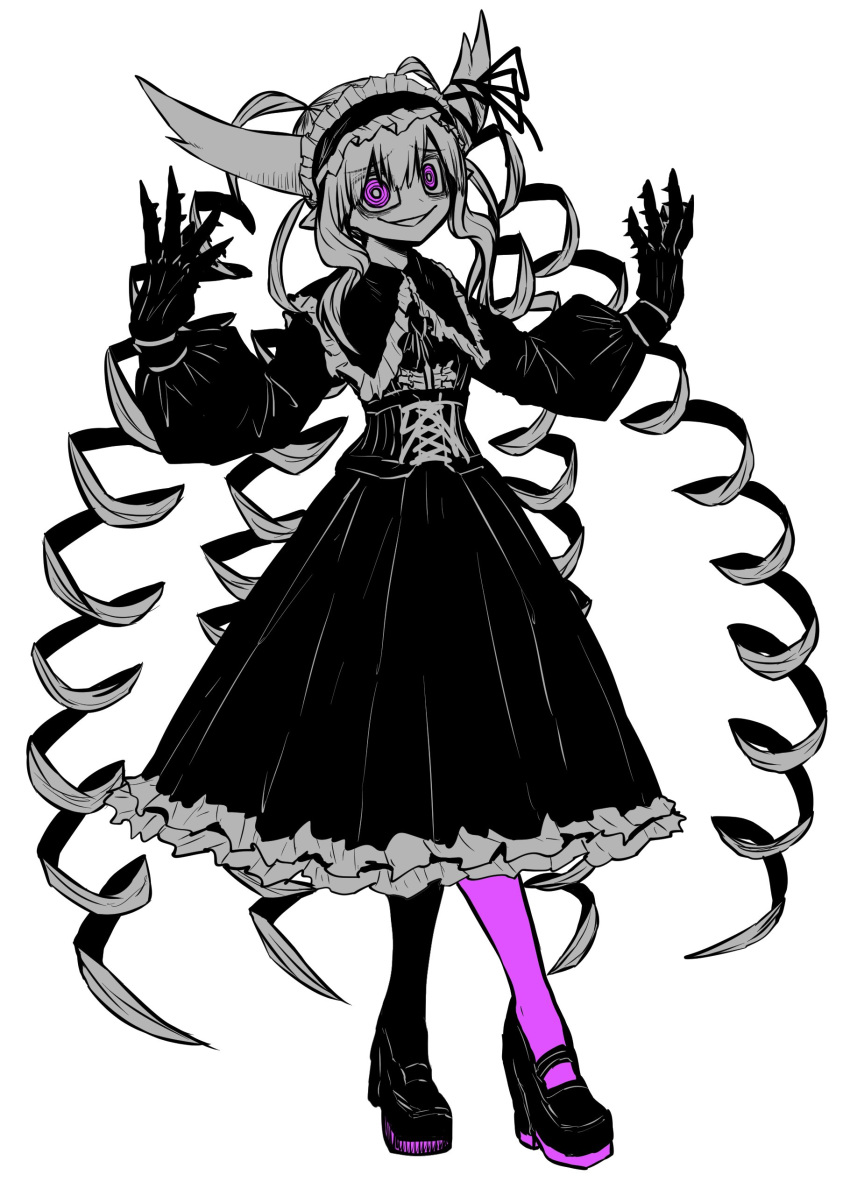 absurdres corset demon_horns drill_hair female goth_fashion gothic_lolita highres horns limited_palette lolita_fashion musuko_ga_kawaikute_shikatanai_mazoku_no_hahaoya nightmare_(mazohaha) purple_eyes purple_legwear smile solo white_background zyugoya