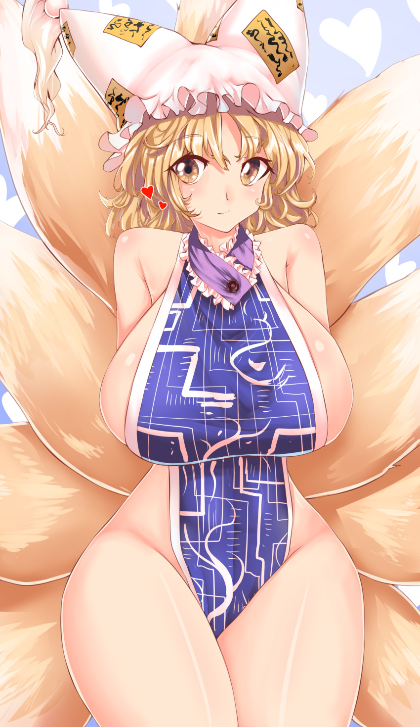 absurd_res animal_humanoid big_breasts biped blonde_hair breasts canid canid_humanoid canine canine_humanoid clothed clothing dipstick_tail female fox_humanoid front_view fur glistening glistening_body glistening_skin hair hat headgear headwear heart_symbol hi_res humanoid light_body light_skin looking_at_viewer mammal mammal_humanoid markings monotone_hair multi_tail multicolored_tail pattern_background portrait ran_yakumo simple_background skimpy small_waist smile solo standing sup524 tabard tail tail_markings thick_thighs three-quarter_portrait touhou two_tone_tail wide_hips yellow_body yellow_eyes yellow_fur