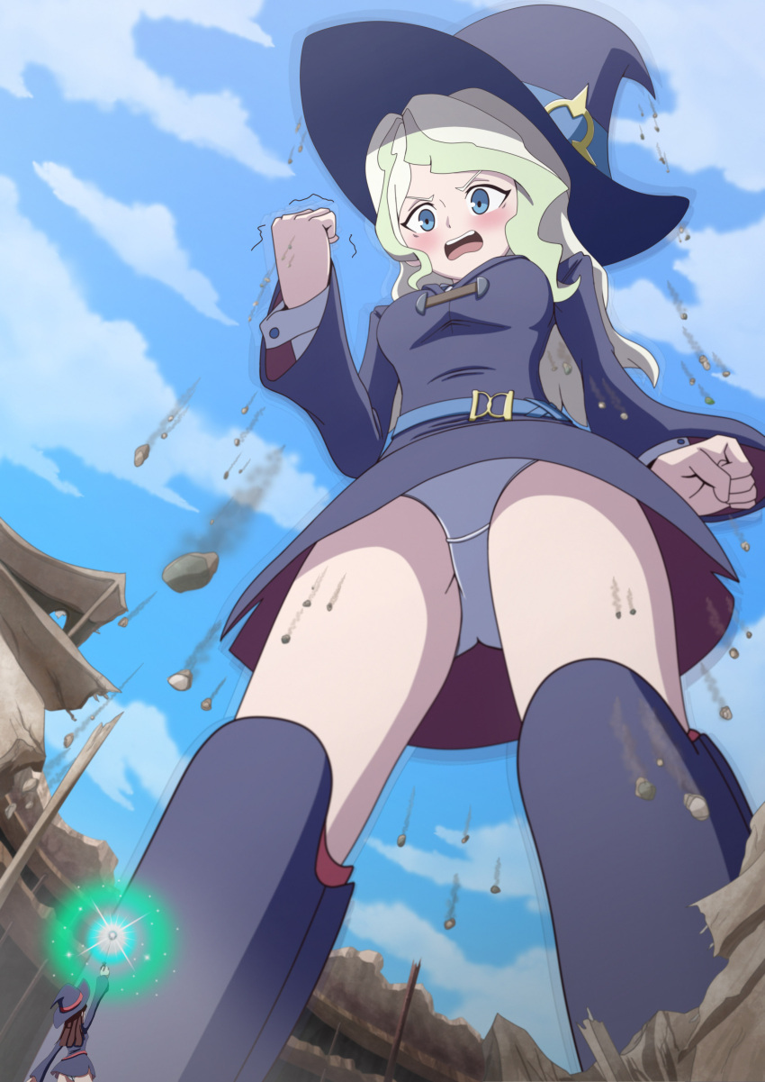 2girls absurdres angry ass belt blonde_hair blue_eyes blue_sky blush boots breasts brown_hair casting_spell clenched_hand clenched_hands cloud commentary day debris destruction diana_cavendish dress embarrassed english_commentary fist_shaking giant giantess gradient_hair green_hair hat highres jenny_secret kagari_atsuko little_witch_academia long_hair looking_at_another looking_down luna_nova_school_uniform magic medium_breasts multicolored_hair multiple_girls open_mouth panties pantyshot purple_dress rubble school_uniform size_difference sky thighs underwear v-shaped_eyebrows wand white_panties witch witch_hat