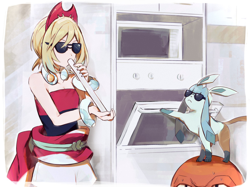 blonde_hair breasts collar commentary female flute glaceon hairband hamachamu highres hisuian_voltorb indoors instrument irida_(pokemon) jewelry kitchen meme music neck_ring oven playing_instrument pokemon pokemon_(creature) pokemon_legends:_arceus red_headwear red_shirt shirt shorts small_breasts strapless strapless_shirt sunglasses when_mama_isn't_home_(meme) white_shorts