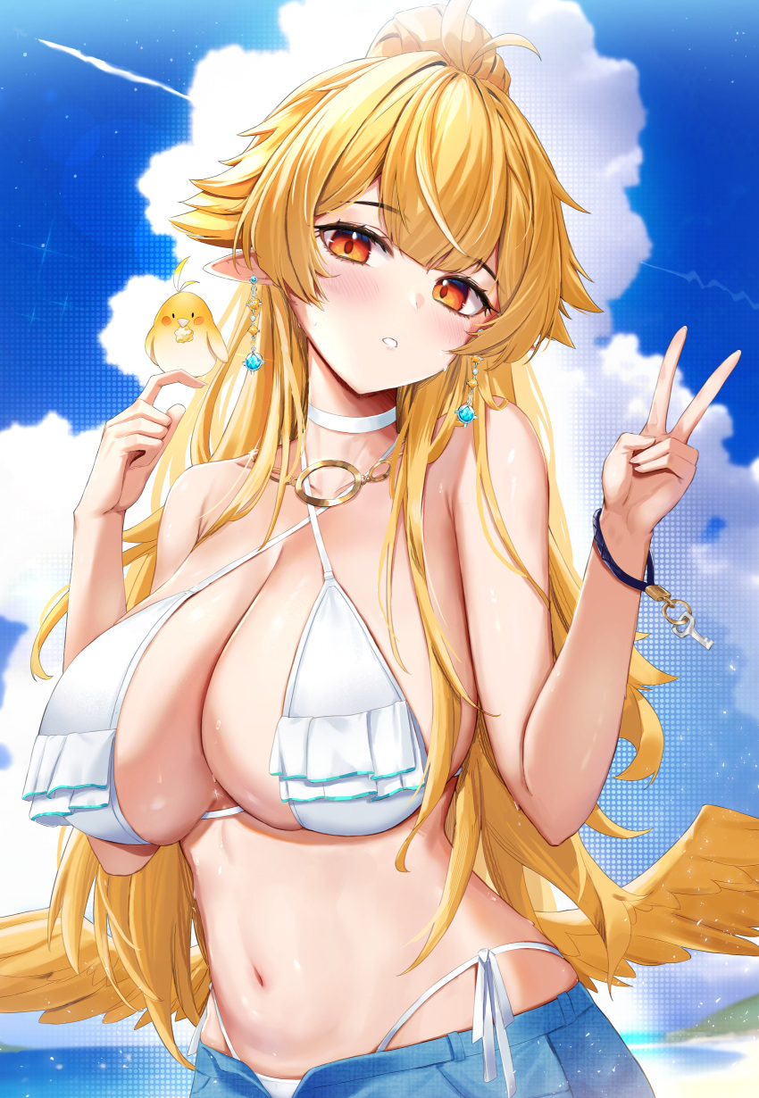 absurdres animal bare_arms bare_shoulders bikini bird blonde_hair breasts chick choker cleavage cloud criss-cross_halter day earrings feathered_wings female halterneck hands_up hibiki_(vtuber) highres jewelry large_breasts long_hair looking_at_viewer low_wings meridian_project navel necklace open_fly oukafafafa outdoors parted_lips pointy_ears ponytail red_eyes side-tie_bikini_bottom solo stomach string_bikini swimsuit upper_body v virtual_youtuber wet white_bikini white_choker wings