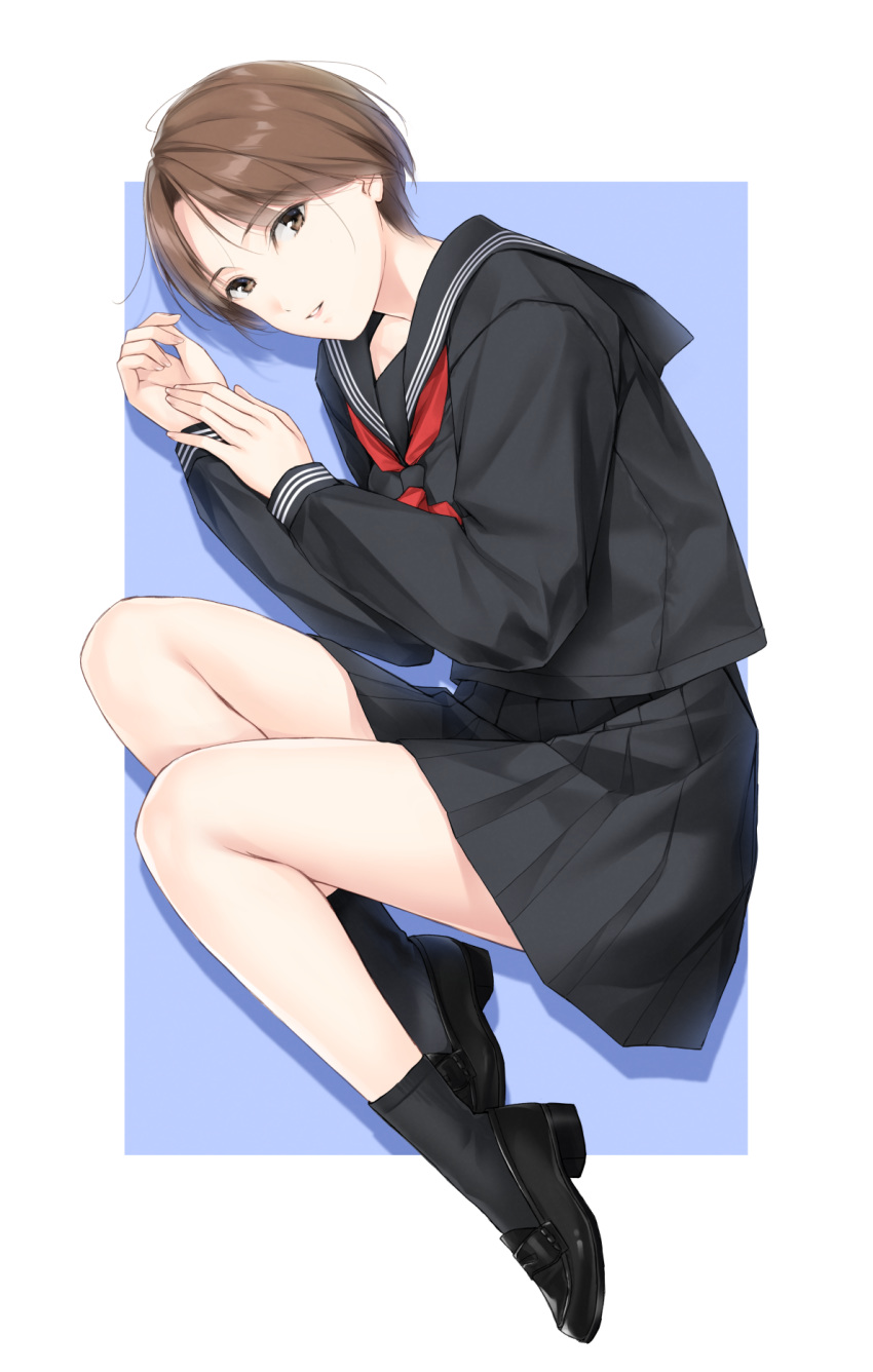 ankle_socks black_footwear black_sailor_collar black_serafuku black_shirt black_skirt black_socks brown_eyes brown_hair female highres loafers long_sleeves nayuta69 neckerchief original parted_lips red_neckerchief sailor_collar school_uniform serafuku shirt shoes short_hair skirt smile socks solo