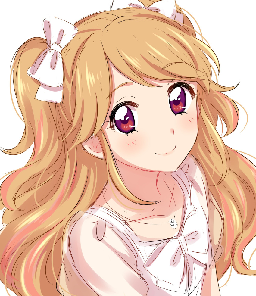 absurdres aikatsu! aikatsu!_(series) blush bow brown_hair closed_mouth female hairbow highres jewelry looking_at_viewer natsuki_mikuru necklace red_eyes sekina shirt simple_background smile solo two_side_up upper_body white_background white_bow white_shirt