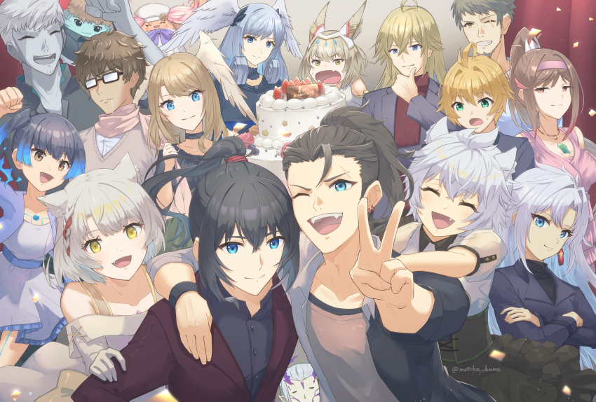 6+boys 6+girls a_(xenoblade) absurdres animal_ears anniversary black_hair blonde_hair brown_hair cake cat_ears dress eunie_(xenoblade) everyone fiery_hair food formal glimmer_(xenoblade) grey_hair head_wings highres lanz_(xenoblade) manana_(xenoblade) matthew_(xenoblade) melia_antiqua mio_(xenoblade) multiple_boys multiple_girls na'el_(xenoblade) nia_(xenoblade) nikol_(xenoblade) noah_(xenoblade) open_mouth ponytail rex_(xenoblade) riku_(xenoblade) sena_(xenoblade) shulk_(xenoblade) smile suit taion_(xenoblade) v wings xenoblade_chronicles_(series) xenoblade_chronicles_3 xenoblade_chronicles_3:_future_redeemed yanagimachi z_(xenoblade)