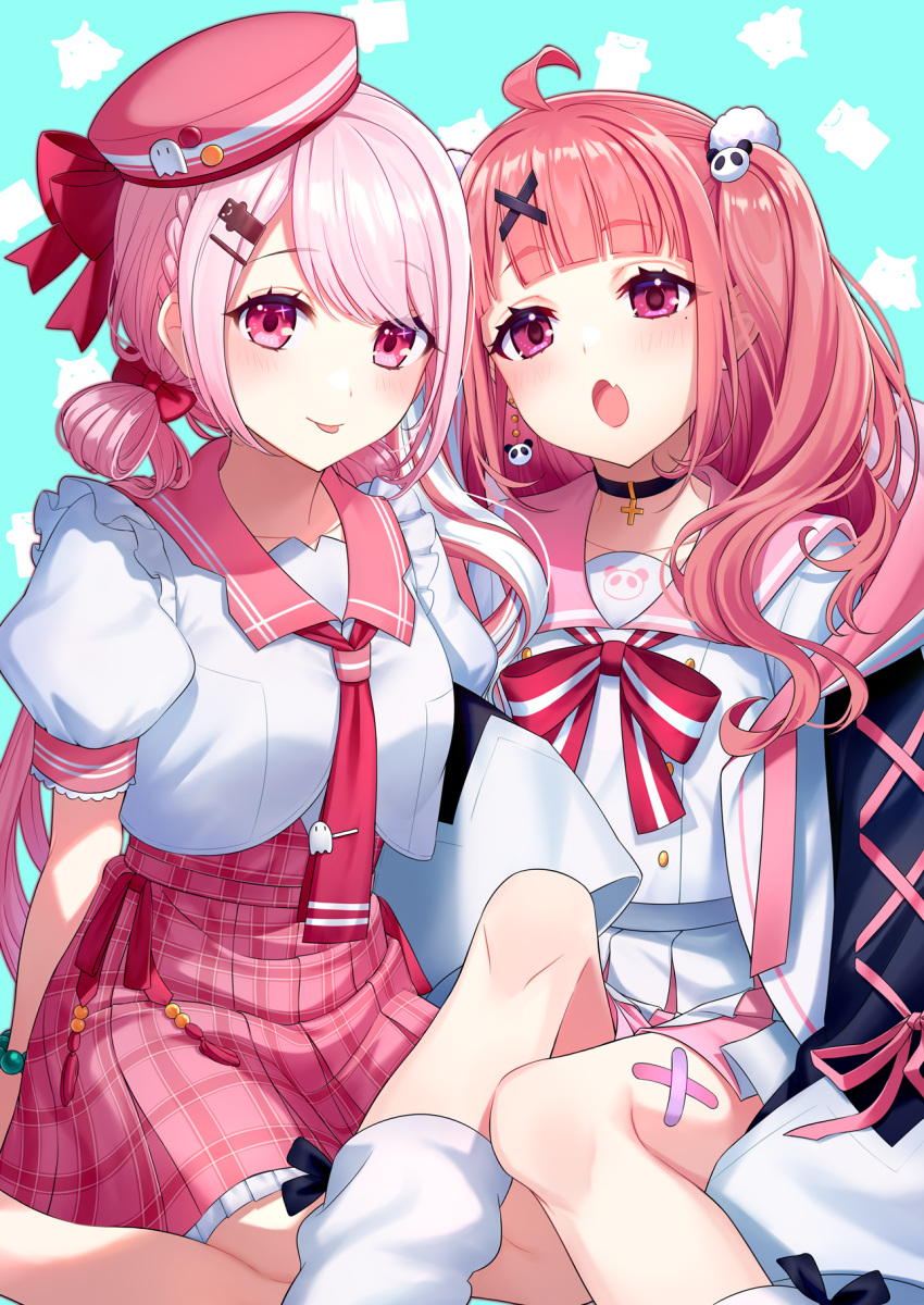 2girls ahoge black_choker blunt_bangs blush braid choker hair_ornament hat highres long_hair mole mole_under_eye multiple_girls nijisanji oerba_yun_fang open_mouth panda_hair_ornament pink_hair red_eyes red_hair sasaki_saku sasaki_saku_(6th_costume) shiina_yuika shiina_yuika_(7th_costume) short_sleeves skin_fang tongue virtual_youtuber x_hair_ornament yamedaolol828