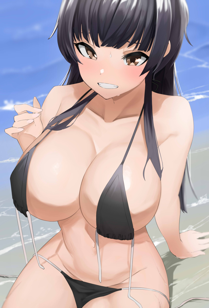 absurdres alternate_breast_size apple_(ygbhjdbiulsg) arm_support beach bikini black_bikini black_hair blunt_bangs blush breasts cleavage collarbone female grin groin highres idolmaster idolmaster_shiny_colors large_breasts looking_at_viewer mayuzumi_fuyuko navel on_ground outdoors sitting smile solo sweatdrop swimsuit untied_bikini