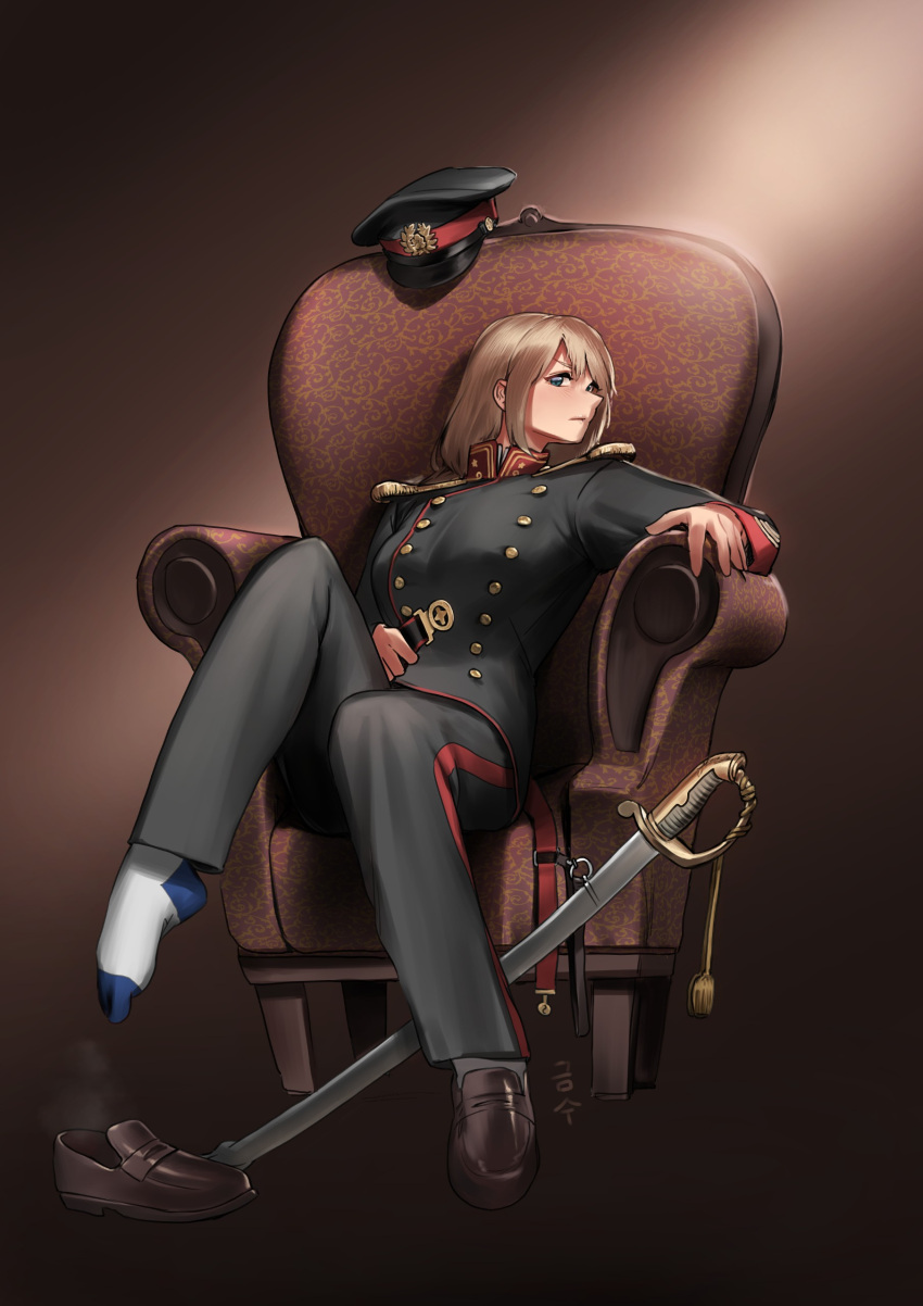 absurdres belt blonde_hair blue_eyes breasts brown_background brown_footwear chair closed_mouth commentary female full_body geumsu hat highres holding holding_belt korean_commentary looking_at_viewer medium_breasts medium_hair military military_hat military_uniform original pants saber_(weapon) shoes simple_background single_shoe sitting socks solo steam sword uniform unworn_hat unworn_headwear weapon white_socks