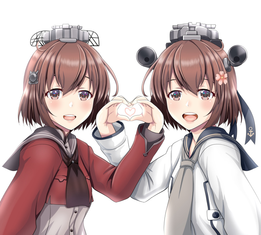 2girls brown_eyes brown_hair brown_neckwear dual_persona grey_neckwear grey_sailor_collar headset heart heart_hands heart_hands_duo highres kantai_collection long_sleeves multiple_girls neckerchief red_shirt remodel_(kantai_collection) sailor_collar sailor_shirt shirt short_hair speaking_tube_headset tan_yang_(kantai_collection) tk8d32 upper_body yukikaze_(kantai_collection)