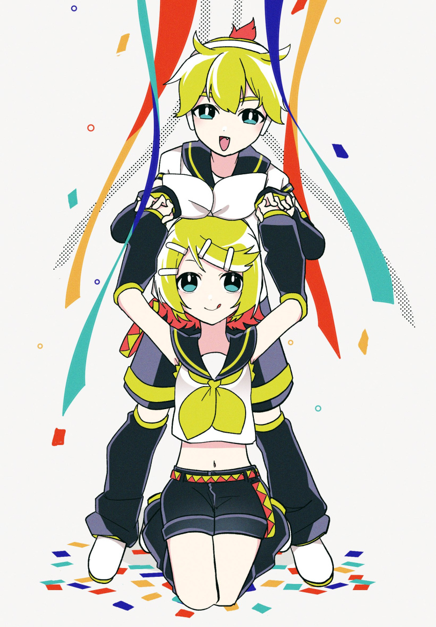 1boy aqua_eyes arms_up belt black_leg_warmers black_sailor_collar black_shorts black_sleeves blonde_hair brother_and_sister closed_mouth collared_shirt commentary confetti crop_top cropped_shirt detached_sleeves dot_nose female full_body hair_ornament hairclip headphones highres holding_hands kagamine_len kagamine_rin kneeling lanyard leg_warmers looking_at_viewer machigami_yoh midriff navel neckerchief oerba_yun_fang open_mouth sailor_collar sailor_shirt shirt shoes short_hair short_shorts short_sleeves shorts siblings simple_background sleeveless sleeveless_shirt sleeves_past_wrists smile standing streamers tongue twins vocaloid white_background white_footwear white_shirt yellow_neckerchief