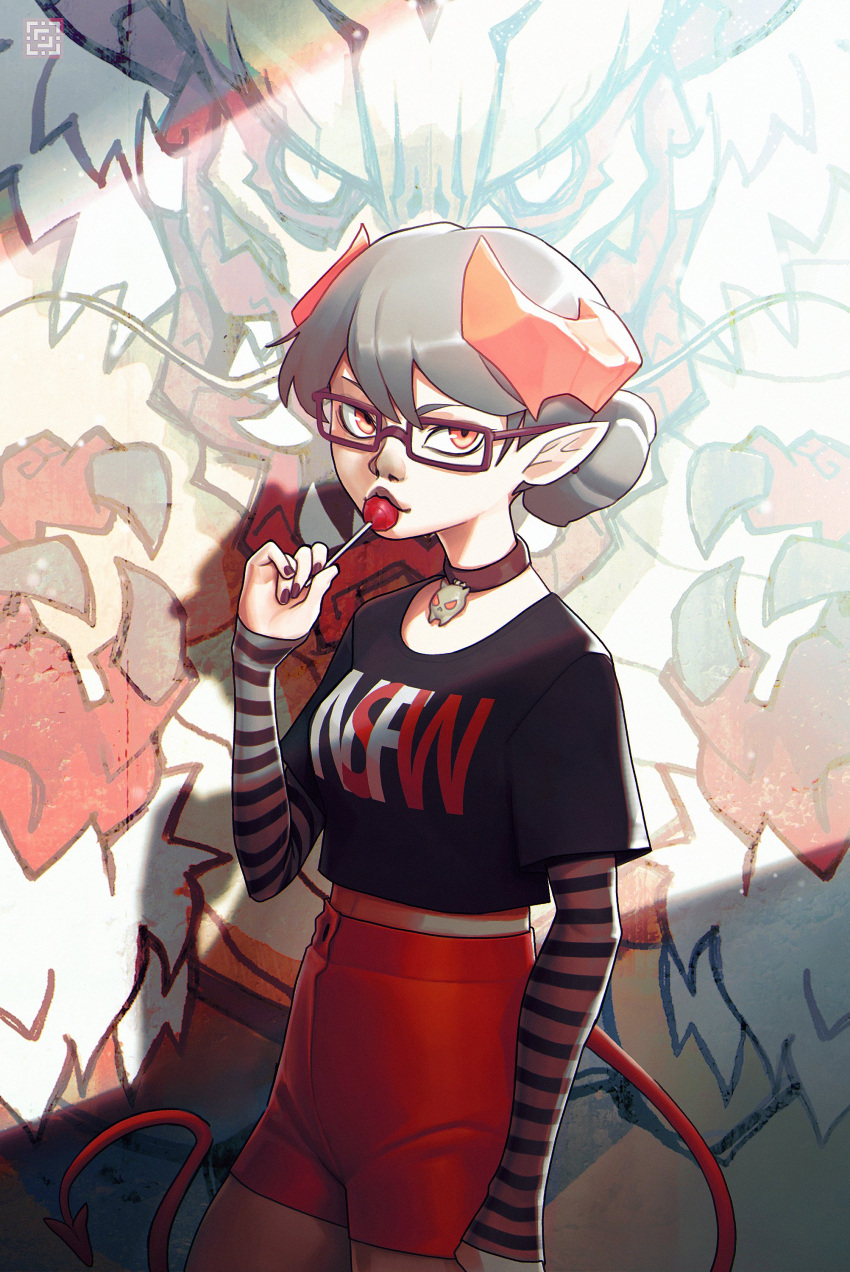 absurdres art_trade borrowed_character candy choker cinder_(norasuko) cowboy_shot crop_top deadslug demon_girl demon_horns demon_tail food glasses graffiti grey_hair highres horns lollipop orange_eyes original pointy_ears short_hair shorts tail