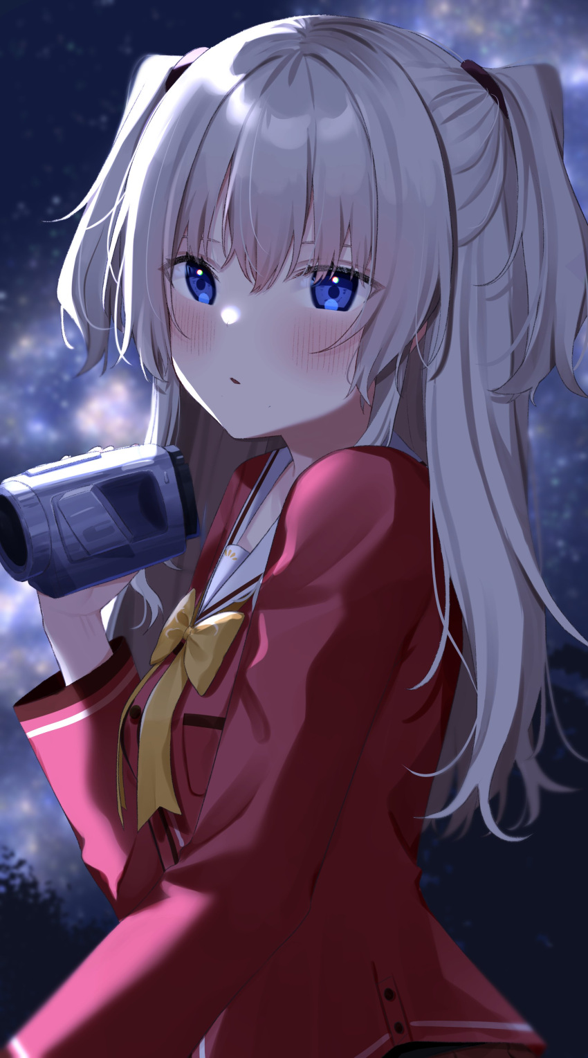 absurdres blue_eyes blush bow bowtie camcorder camera charlotte_(anime) commentary_request female from_side grey_hair highres holding holding_camera hoshinoumi_academy_school_uniform long_hair long_sleeves looking_at_viewer night night_sky open_mouth outdoors red_serafuku sailor_collar school_uniform serafuku sidelocks sky solo standing star_(sky) starry_sky tomori_nao twintails upper_body video_camera yellow_bow yellow_bowtie yuteke_key