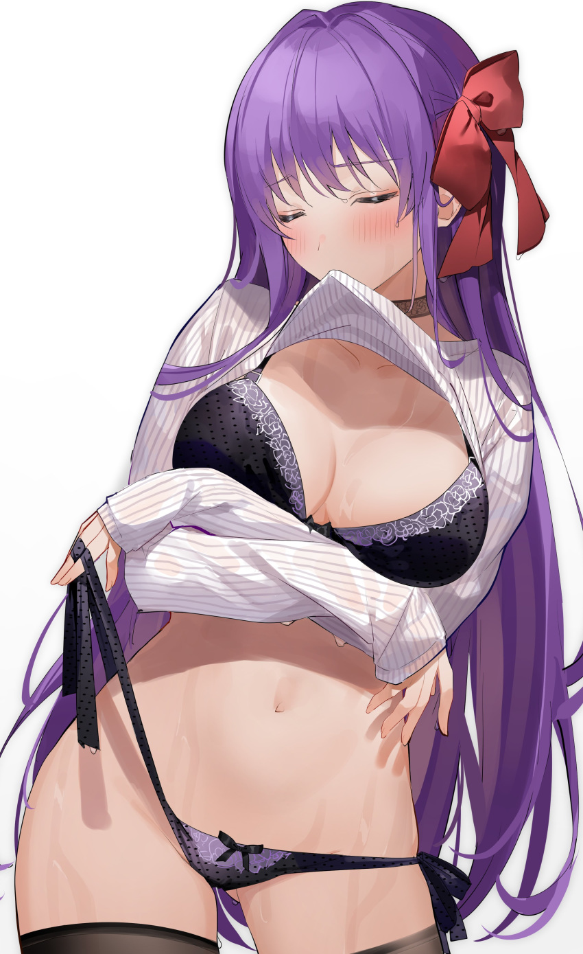 absurdres arms_under_breasts ass_visible_through_thighs bangs bb_(fate)_(all) black_bra black_legwear black_panties blush bra breasts choker closed_eyes clothes_lift collarbone eyebrows_visible_through_hair fate/grand_order fate_(series) female gradient gradient_background hair_ribbon highres large_breasts lingerie long_hair long_sleeves mouth_hold navel panties purple_hair red_ribbon ribbon side-tie_panties solo standing sweater sweater_lift thighhighs underwear wet xretakex