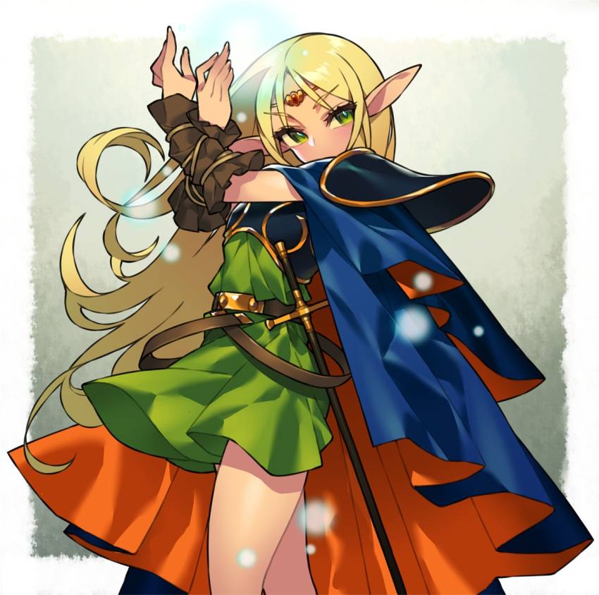 armor belt blonde_hair cape circlet commentary_request deedlit dress elf female green_eyes highres itsumo_nokoru long_hair pauldrons pointy_ears record_of_lodoss_war sheath sheathed shoulder_armor solo sword very_long_hair weapon