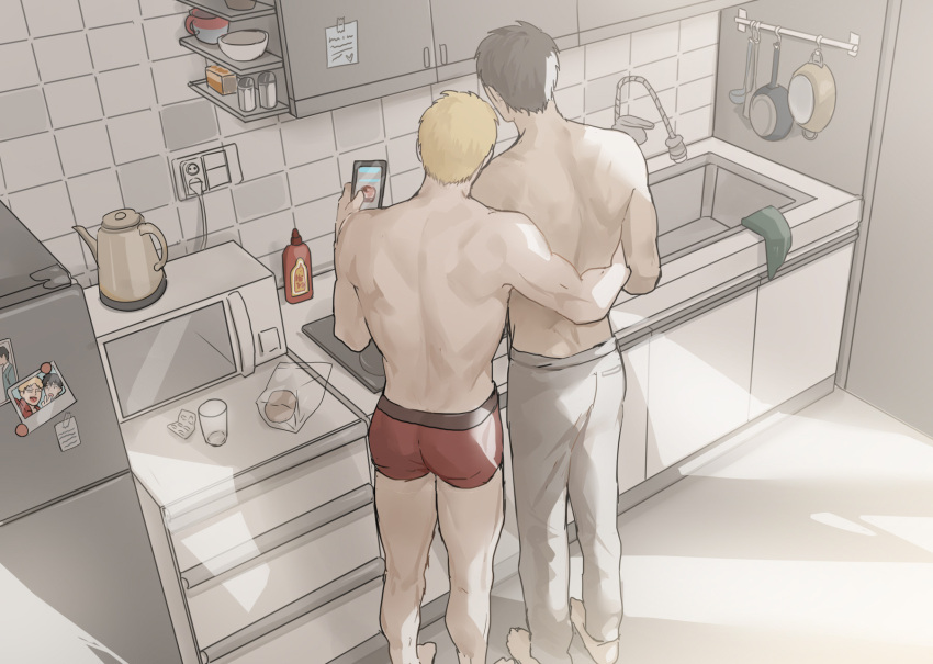 2boys arm_around_waist ass bertolt_hoover black_hair blonde_hair boxers contemporary couple cute_potato_(cute_potato_ner) from_above head_on_another's_shoulder height_difference highres holding holding_phone kitchen korean_commentary leaning_on_person male_focus male_underwear multiple_boys phone red_male_underwear reiner_braun shingeki_no_kyojin short_hair tile_wall tiles topless_male underwear underwear_only utensil_rack yaoi