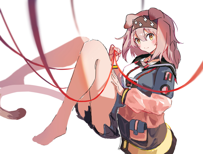 absurdres animal_ears arknights bad_id bad_pixiv_id bare_legs barefoot beancake black_hairband black_skirt blush breasts cat_ears cat_girl cat_tail closed_mouth coat female goldenglow_(arknights) hair_between_eyes hairband highres holding id_card knees_up lightning_bolt_print long_hair long_sleeves looking_at_viewer medium_breasts miniskirt open_clothes open_coat pink_coat pink_hair red_ribbon ribbon simple_background sitting skirt smile solo tail white_background yellow_eyes