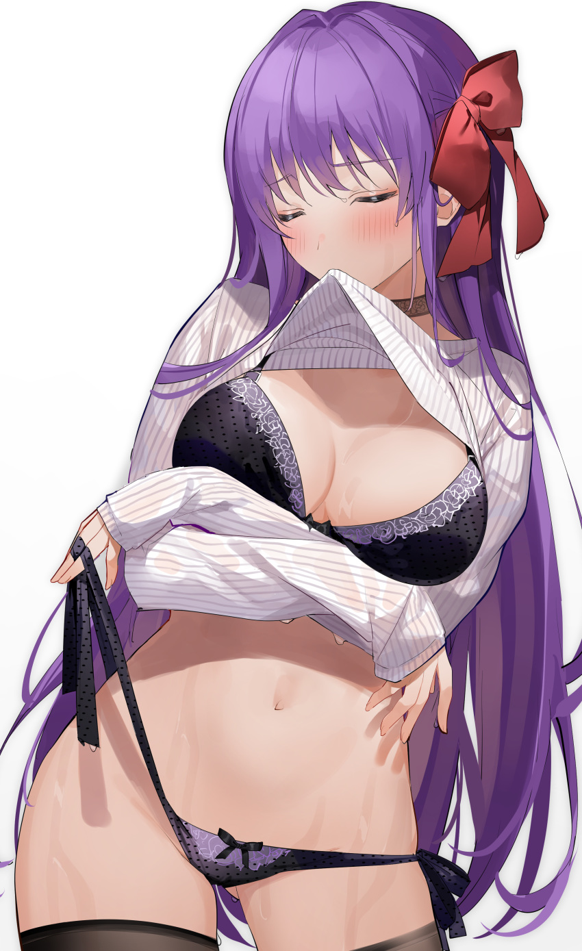 absurdres arms_under_breasts ass_visible_through_thighs bangs bb_(fate)_(all) black_bra black_legwear black_panties blush bra breasts choker cleavage closed_eyes clothes_lift collarbone eyebrows_visible_through_hair fate/grand_order fate_(series) female gradient gradient_background hair_ribbon highres large_breasts lingerie long_hair long_sleeves mouth_hold navel panties purple_hair red_ribbon revision ribbon side-tie_panties simple_background solo standing sweater sweater_lift thighhighs underwear wet xretakex