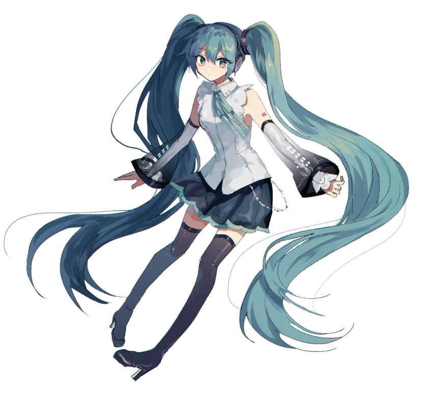 black_footwear black_skirt black_thighhighs boots bow closed_mouth collared_shirt commentary danjou_sora detached_sleeves female full_body green_bow green_eyes green_hair hair_between_eyes hatsune_miku hatsune_miku_(nt) high_heel_boots high_heels long_hair long_sleeves looking_at_viewer piapro pleated_skirt see-through see-through_sleeves shirt simple_background skirt sleeveless sleeveless_shirt sleeves_past_wrists solo thigh_boots thighhighs twintails very_long_hair vocaloid white_background white_shirt wide_sleeves