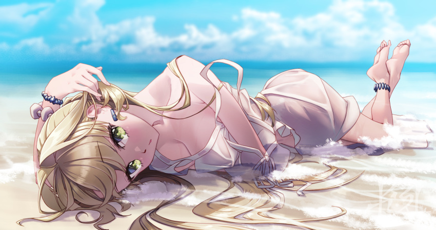 ahoge bare_shoulders barefoot beach bead_bracelet beads blonde_hair blue_sky blush bracelet breasts cleavage collarbone day dress earrings fate/extra fate/grand_order fate_(series) female green_eyes hair_intakes highres jewelry large_breasts long_hair looking_at_viewer lying nero_claudius_(fate) nero_claudius_(fate/extra) outdoors sky suryua white_dress