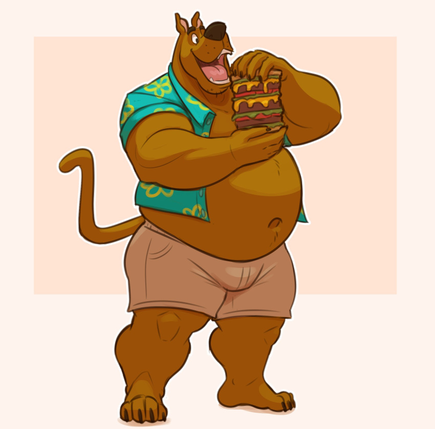 2020 aloha_shirt anthro belly black_eyes black_nose bottomwear brown_body brown_fur bulge canid canine canis claws clothed clothing domestic_dog food full-length_portrait fur great_dane hanna-barbera hi_res holding_object lizard_soup long_tail looking_down male mammal mastiff molosser muscular muscular_anthro muscular_male navel open_clothing open_mouth open_shirt open_topwear overweight overweight_anthro overweight_male pattern_clothing pattern_shirt pattern_topwear portrait sandwich_(food) scooby-doo scooby-doo_(series) shirt shorts simple_background slightly_chubby smile solo standing tail teeth thick_thighs tongue topwear