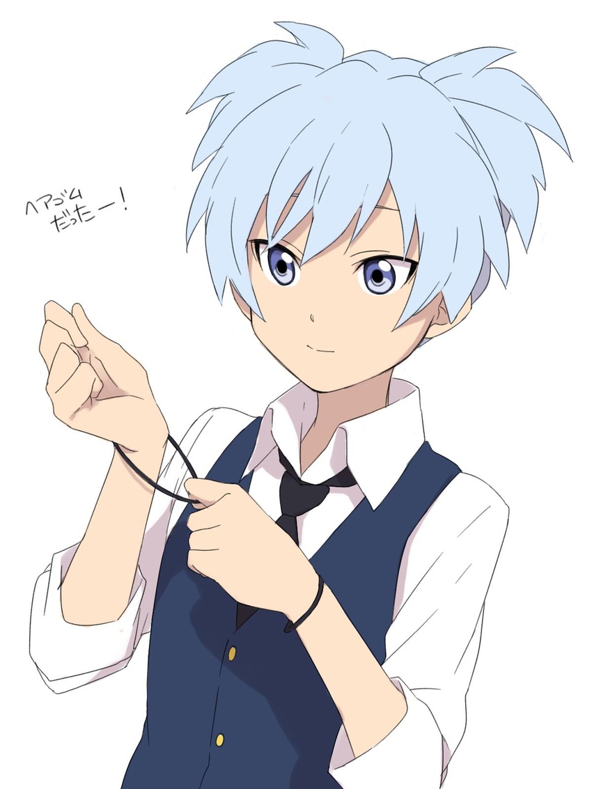 1boy ansatsu_kyoushitsu black_necktie blue_eyes blue_hair blue_vest buttons closed_mouth collared_shirt highres kunugigaoka_middle_school_uniform light_blue_hair looking_down male_focus necktie school_uniform sekina shiota_nagisa shirt short_hair simple_background sleeves_past_elbows sleeves_rolled_up smile solo tsurime two_side_up upper_body vest white_background white_shirt wristband