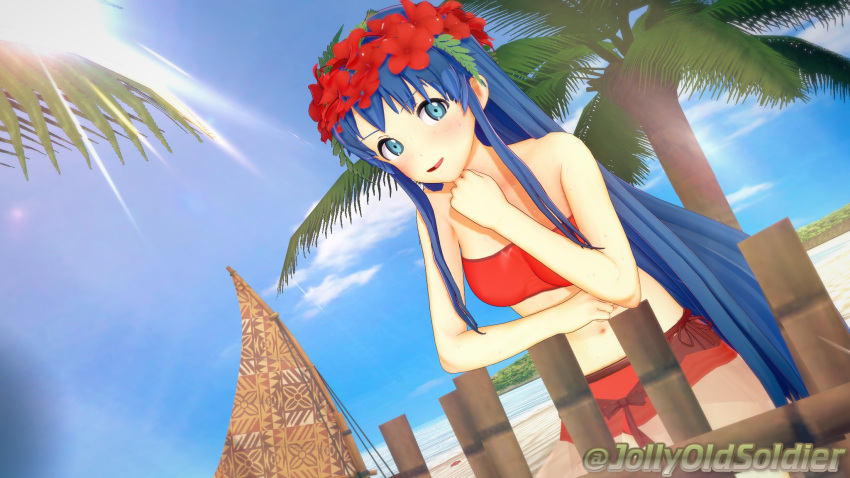 1girls beach bikini bikini_skirt bikini_top blue_eyes blue_hair breasts female female_only fire_emblem fire_emblem:_the_binding_blade fire_emblem_heroes flower_crown flower_in_hair hibiscus jollyoldsoldier lilina_(fire_emblem) lilina_(summer)_(fire_emblem) long_hair navel red_bikini solo strapless_bikini