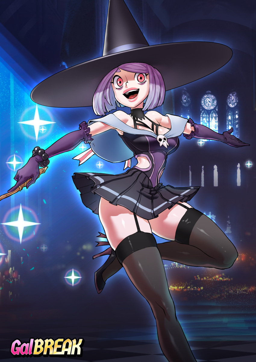 big_breasts color colored dressed galbreak happy hat hi_res high_heels high_resolution highres long_legs louten open_mouth pink_eyes purple_hair short_skirt standing stockings thick thick_ass thick_thighs wand wizzy_(galbreak)