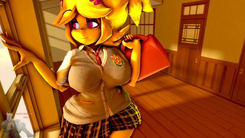 1girls 3d 3d_(artwork) alternate_version_available anthro big_breasts breasts cally3d chica_(cally3d) chica_(fnaf) chiku chiku_(cryptia) clazzey cryptiacurves fazclaire's_nightclub female female_only five_nights_at_freddy's fnaf fredina's_nightclub furry hi_res nicholaideus pink_eyes school_uniform scottgames smile smooth_skin thick_thighs wide_hips yellow_fur