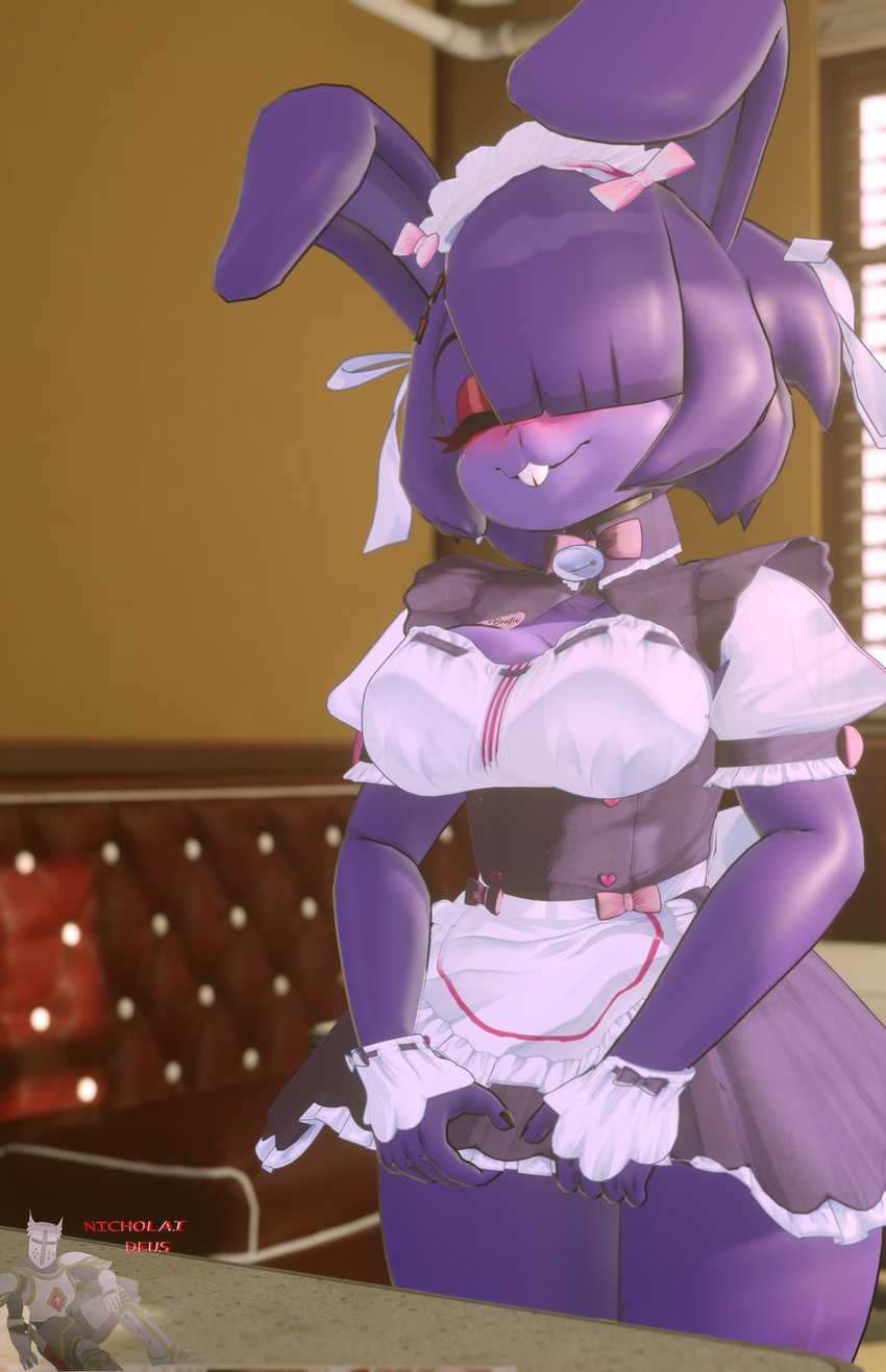 1girls 3d 3d_(artwork) alternate_version_available anthro blush bonfie bonfie_(cryptia) bonnie_(cally3d) bonnie_(fnaf) cally3d clazzey closed_eyes cryptiacurves fazclaire's_nightclub female female_only five_nights_at_freddy's fnaf fredina's_nightclub furry nicholaideus one_eye_obstructed purple_fur scottgames thick_thighs waitress