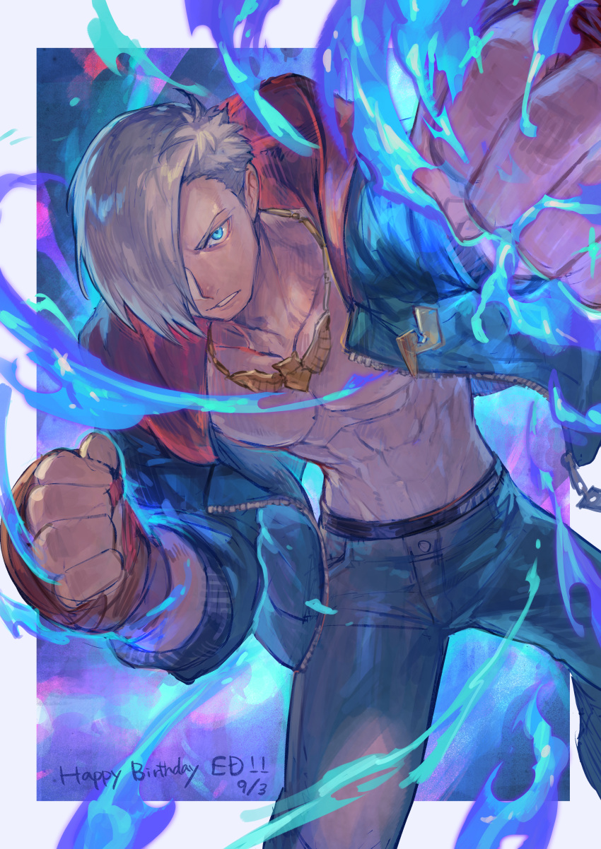 1boy abs absurdres blonde_hair blue_eyes blue_jacket blue_pants border character_name clenched_hands collarbone commentary_request dated ed_(street_fighter) energy english_text fingerless_gloves gloves hair_over_one_eye happy_birthday highres hood hood_down hooded_jacket jacket jewelry long_sleeves looking_at_viewer male_focus male_underwear male_underwear_peek necklace one_eye_covered open_clothes open_jacket outside_border pants parted_lips pectorals red_gloves revision short_hair solo standing street_fighter street_fighter_6 tapioka_chaso toned toned_male underwear white_border zipper zipper_pull_tab