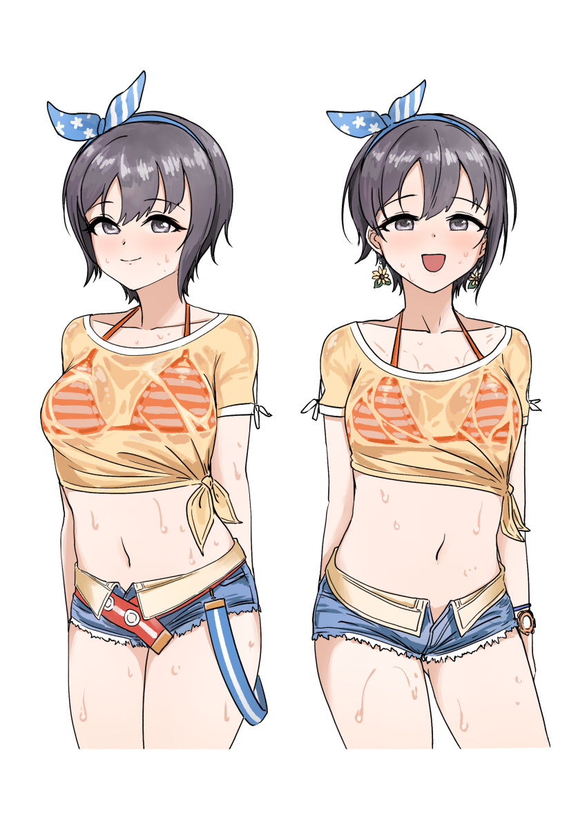 :d absurdres belt bikini bikini_top_only blue_belt blue_hairband blue_shorts bow_hairband brown_eyes brown_hair cowboy_shot cutoffs denim denim_shorts earrings female flower_earrings front-tie_top hairband halterneck highres idolmaster idolmaster_cinderella_girls jewelry looking_at_viewer multiple_views navel orange_bikini otokura_yuuki red_belt shirt short_hair short_shorts short_sleeves shorts simple_background smile stomach striped_bikini striped_clothes swimsuit tied_shirt ushimochi wet wet_clothes wet_shirt white_background yellow_shirt