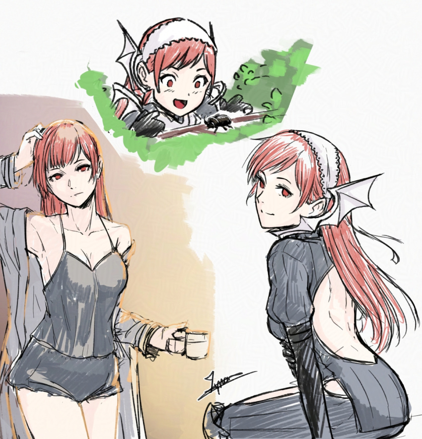 :d alternate_costume armpits back bare_shoulders cherche_(fire_emblem) closed_mouth cm_lynarc collarbone cup english_commentary female fire_emblem fire_emblem_awakening highres holding holding_cup long_hair long_sleeves looking_at_viewer multiple_views open_mouth pink_eyes pink_hair signature sleepwear smile