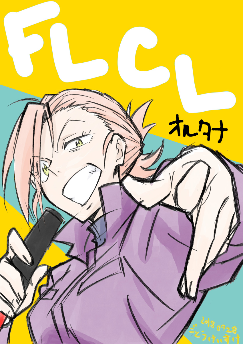 >:) absurdres copyright_name female flcl flcl_alternative gotou_keisuke haruhara_haruko highres holding holding_microphone jacket looking_at_viewer microphone pointing pointing_at_viewer ponytail purple_jacket short_hair smile solo teeth two-tone_background upper_body v-shaped_eyebrows yellow_eyes