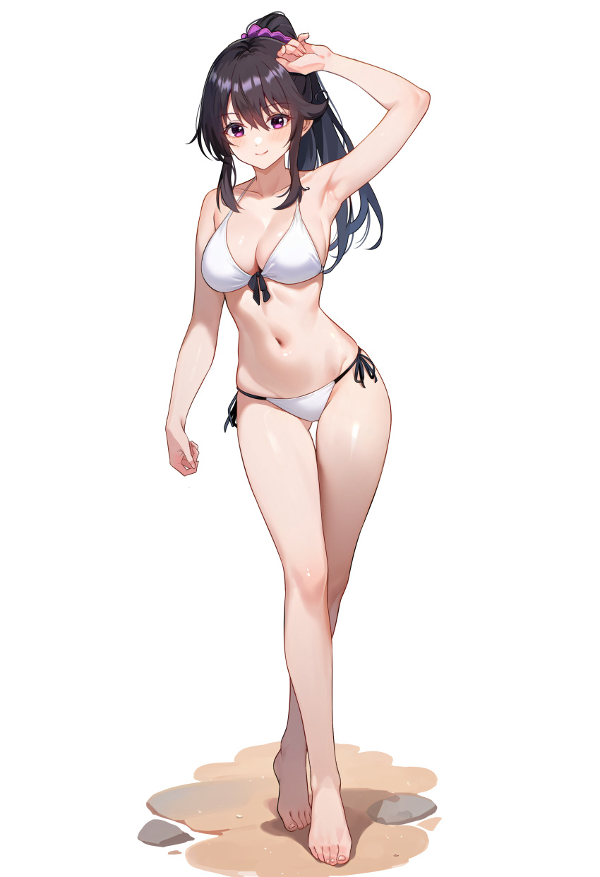 absurdres arm_up armpits barefoot bikini black_hair blush breasts closed_mouth collarbone commission feet female front-tie_bikini_top front-tie_top full_body gher5555 hair_between_eyes hair_ornament hair_scrunchie heel_up highres large_breasts legs long_hair looking_at_viewer navel pajama_na_kanojo. pixiv_commission ponytail purple_eyes scrunchie shadow shirai_yuki side-tie_bikini_bottom sidelocks simple_background smile solo standing stomach swimsuit toenails toes white_background white_bikini